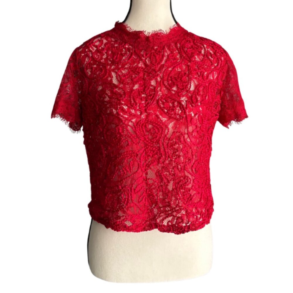 ZARA RED TEXTURED LACE TOP WITH ZIPPER ON THE BACK, SZ. M